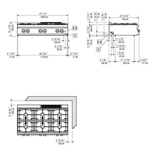 Fornuis | MAXIMA 700+ | Gas | 6 Branders (6x 5.5kW) | Waakvlam | Open Onderkast | 1200x700x850/907(h)mm
