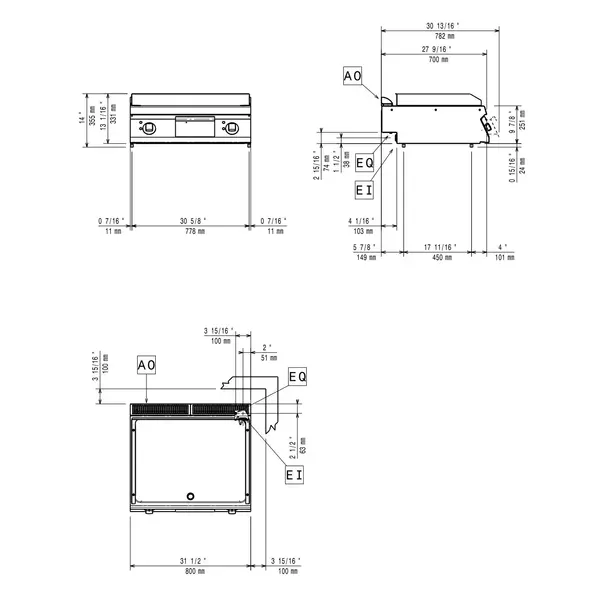 Bak-/Grillplaat | MAXIMA 700+ | Elektrisch | Glad Oppervlak 730x540 (Staal) | 120°C/280°C | 9kW (230V-3F) | 800x700x275/355(h)mm