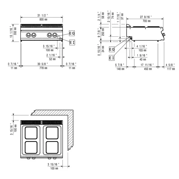 Fornuis | MAXIMA 700+ | Elektrisch | 4 Kookpunten (Ø230) | 10.4kW (400V) | 800x700x274/332(h)mm