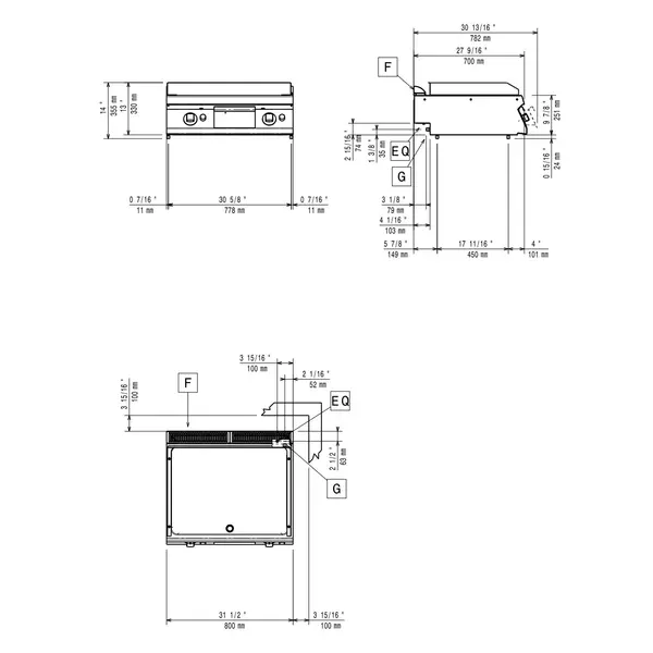 Bak-/Grillplaat | MAXIMA 700+ | Gas | Glad Oppervlak 730x540 (Staal) | 100°C/280°C | 14kW | Piëzo Ontsteking | 800x700x275/355(h)mm
