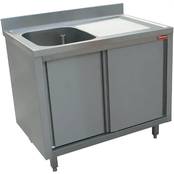 Spoeltafel | RVS | 1 Spoelbak (Links) + Afdruipvlak | Schuifdeuren | Achteropstand | 1400x700x880/1000(h)mm