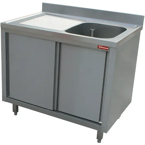 Spoeltafel | RVS | 1 Spoelbak (Rechts) + Afdruipvlak | Schuifdeuren | Achteropstand | 1400x700x880/1000(h)mm