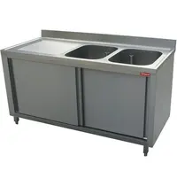 Diamond Spoeltafel | RVS | 2 Spoelbakken (Rechts) + Afdruipvlak | Schuifdeuren | Achteropstand | 1800x700x880/1000(h)mm