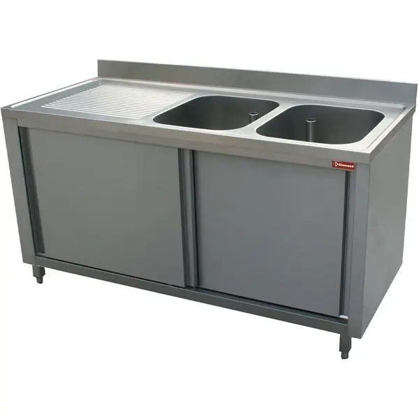 Spoeltafel | RVS | 2 Spoelbakken (Rechts) + Afdruipvlak | Schuifdeuren | Achteropstand | 1800x700x880/1000(h)mm