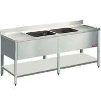 Diamond Spoeltafel | RVS | 2 Spoelbakken (Midden) + Afdruipvlak | Bodemschap | Achteropstand | Gelaste Constructie | 2200x700x880/1000(h)mm