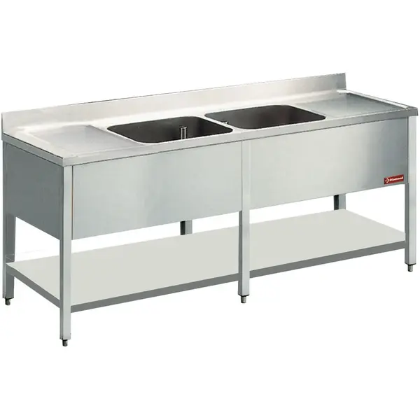 Spoeltafel | RVS | 2 Spoelbakken (Midden) + Afdruipvlak | Bodemschap | Achteropstand | Gelaste Constructie | 2200x700x880/1000(h)mm