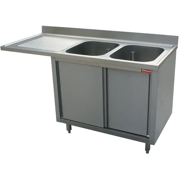 Spoeltafel | RVS | 2 Spoelbakken (Rechts) + Afdruipvlak | Schuifdeuren + Voorlader | Achteropstand | 1800x700x880/1000(h)mm