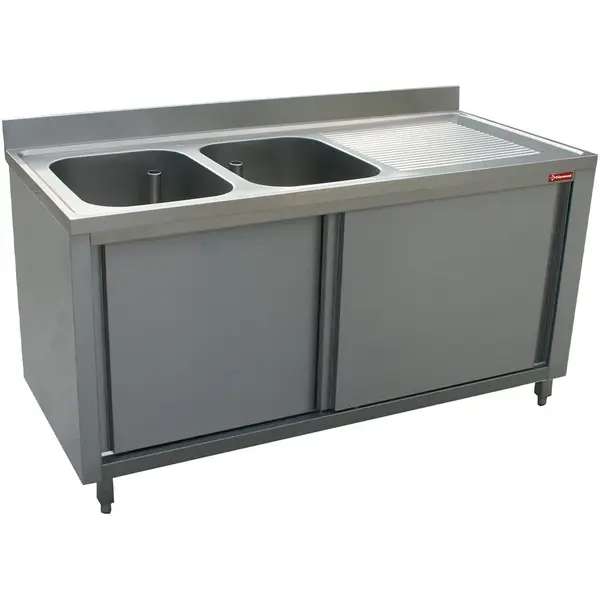 Spoeltafel | RVS | 2 Spoelbakken (Links) + Afdruipvlak | Schuifdeuren | Achteropstand | 1600x700x880/1000(h)mm