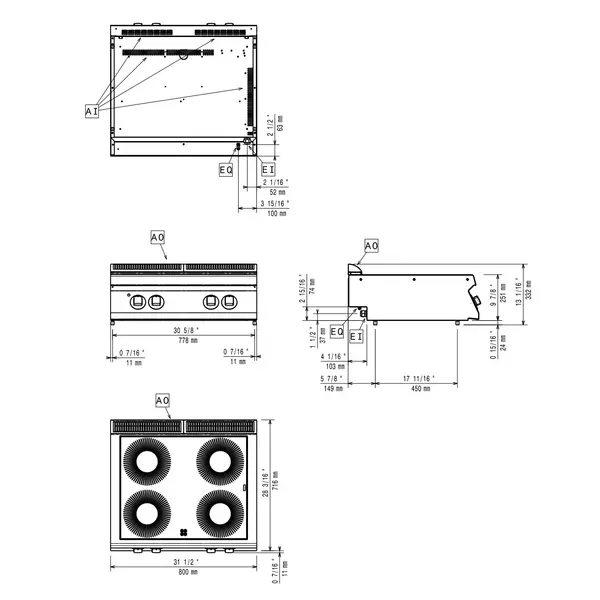 Glaskeramisch Fornuis | MAXIMA 700+ | 4 Kookpunten | 8.8kW (400V) | 800x700x275/332(h)mm