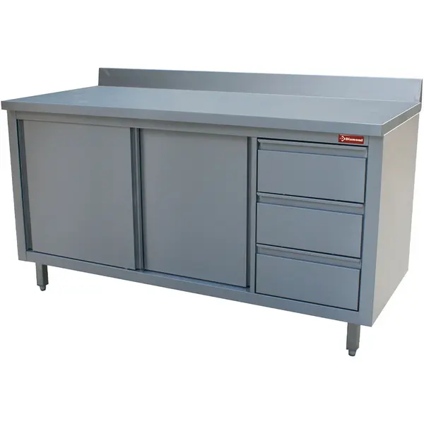 Werkbank | RVS | Schuifdeuren + Laden (Rechts) | Achteropstand | 1600x700x880/1000(h)mm