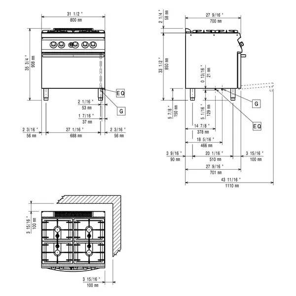 Fornuis + Oven | MAXIMA 700+ | Gas | 4 Branders (4x 5.5kW) + 2/1 GN Oven (6kW) | Waakvlam/Piëzo | 800x700x850/908(h)mm