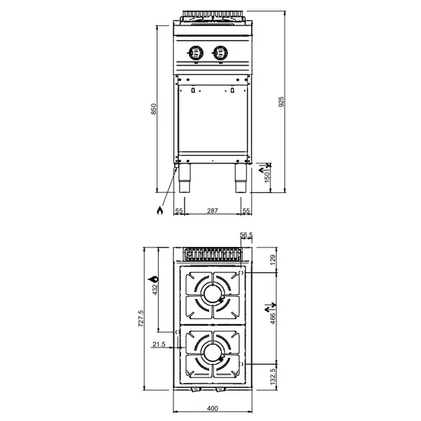 Fornuis | MAGISTRA PLUS 700 | Gas | 2 Branders (2x 5.5kW) | Waakvlam | Open Onderkast | 400x714x850(h)mm