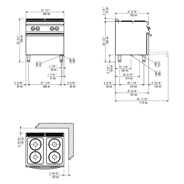 Fornuis + Oven | MAXIMA 700+ | Elektrisch | 4 Kookpunten (Ø230) + 2/1 GN Oven | 16.4kW (230V-3F) | 800x700x850/908(h)mm