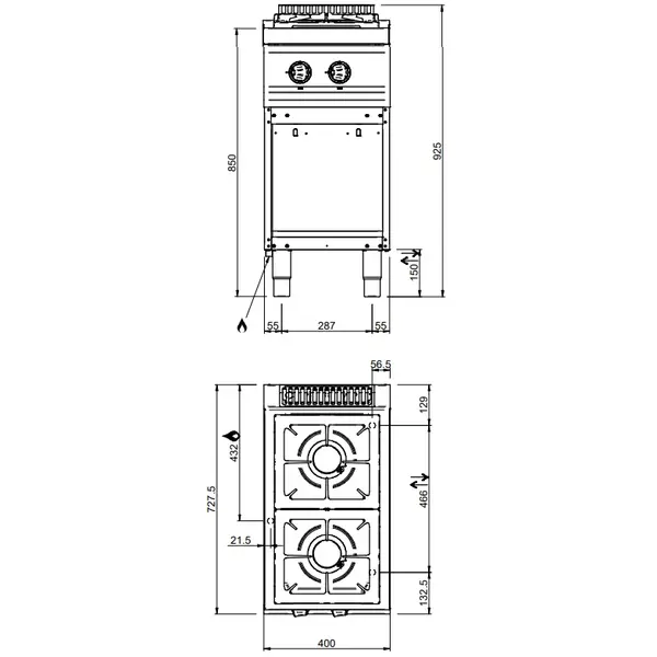 Fornuis | MAGISTRA PLUS 700 | Gas | 2 Branders (2x 7kW) | Waakvlam | Open Onderkast | 400x714x850(h)mm