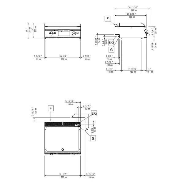Bak-/Grillplaat | MAXIMA 700+ | Gas | Glad/Gegroefd Oppervlak 730x540 (Verchroomd) | 130°C/300°C | 14kW | Piëzo Ontsteking | 800x700x275/355(h)mm