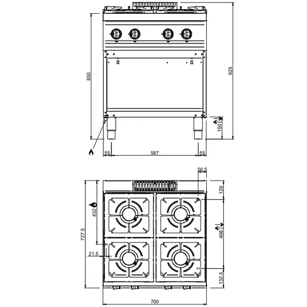 Fornuis | MAGISTRA PLUS 700 | Gas | 4 Branders (4x 7kW) | Waakvlam | Open Onderkast | 700x714x850(h)mm