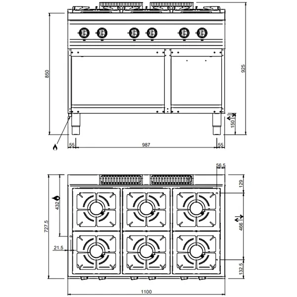 Fornuis | MAGISTRA PLUS 700 | Gas | 6 Branders (6x 7kW) | Waakvlam | Open Onderkast | 1100x714x850(h)mm