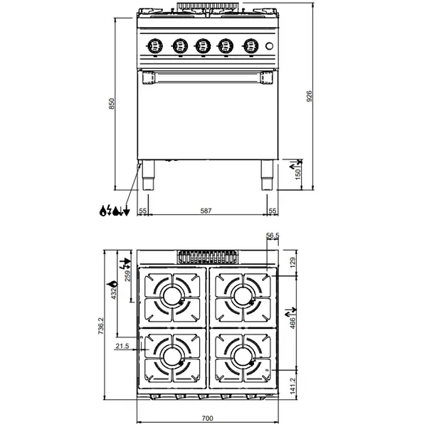 Fornuis + Oven | MAGISTRA PLUS 700 | Gas | 4 Branders (4x 7kW) + 2/1 GN Oven (6kW) | Waakvlam/Piëzo | 700x714x850(h)mm