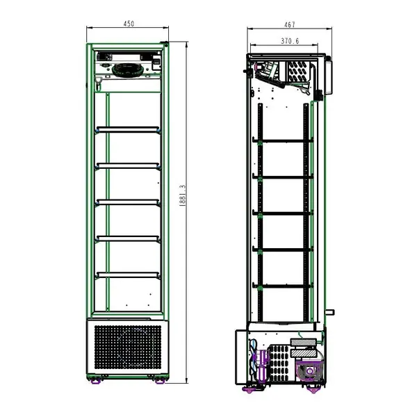 Drankenkoeling | Smal Model | 221L | Zwart | +4°C/+10°C | Statisch + Ventilator | Wielen | 450x497x1881(h)mm