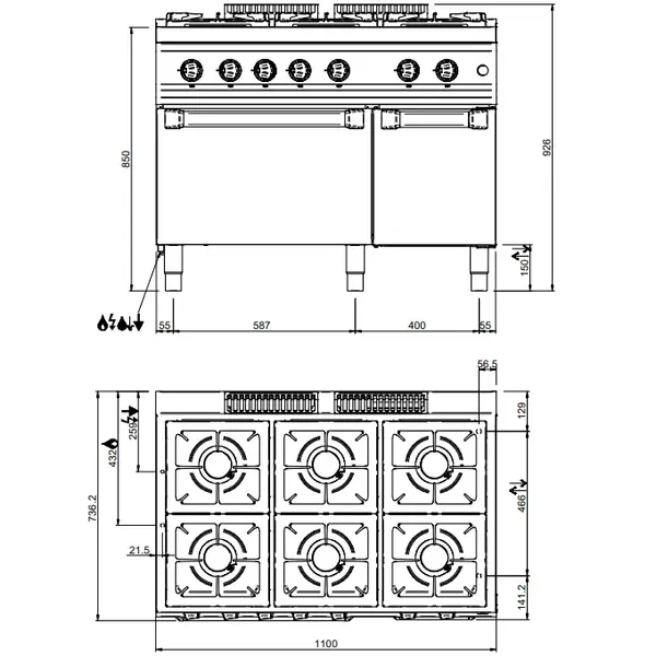 Fornuis + Oven | MAGISTRA PLUS 700 | Gas | 6 Branders (6x 5.5kW) + 2/1 GN Oven (6kW) | Waakvlam/Piëzo | Neutraal Vak | 1100x714x850(h)mm