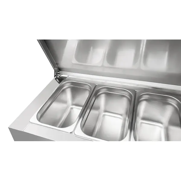 Saladette | 270L | 2 Deuren (1/1 GN) | Boven 6x 1/3 GN | +2°C/+8°C | Geforceerd | Klapdeksel | Wielen (Geremd) | 1360x700x885/1085(h)mm