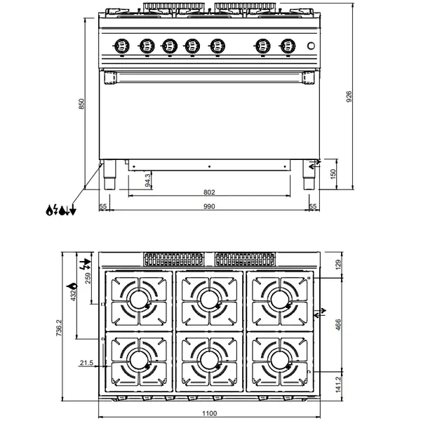 Fornuis + Maxi Oven | MAGISTRA PLUS 700 | Gas | 6 Branders (6x 5.5kW) + Oven (8kW) | Waakvlam/Piëzo | 1100x714x850(h)mm