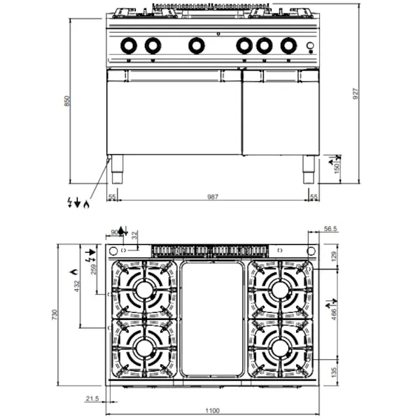 Fornuis/Doorkookplaat + Oven | MAGISTRA PLUS 700 | Gas | 4 Branders (4x 7kW) + Plaat (5.5kW) + 2/1 GN Oven (6kW) | Waakvlam/Piëzo | Neutraal Vak | 1100x714x850(h)mm