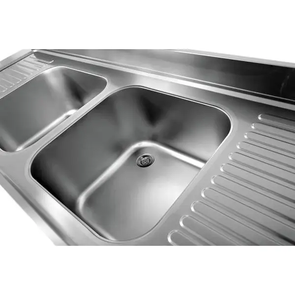 Spoeltafel | ECO | RVS | 2 Spoelbakken (Midden) + Afdruipvlak | Bodemschap | Achteropstand | Zelfmontage | 2000x700x850(h)mm