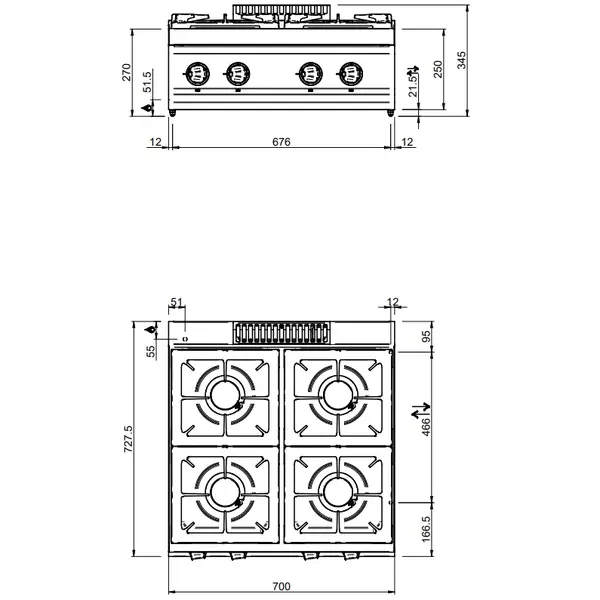 Fornuis | MAGISTRA PLUS 700 | Gas | 4 Branders (4x 7kW) | Waakvlam | 700x714x250(h)mm