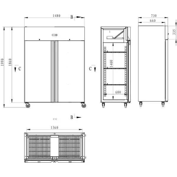Koelkast | 1200L | RVS | -2°C/+8°C | Geforceerd | Wielen (Geremd) | 1480x730x1990(h)mm