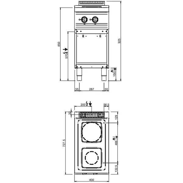 Fornuis | MAGISTRA PLUS 700 | Elektrisch | 2 Kookpunten (Ø145/200) | 4.1kW (400V) | Open Onderkast | 400x714x850(h)mm