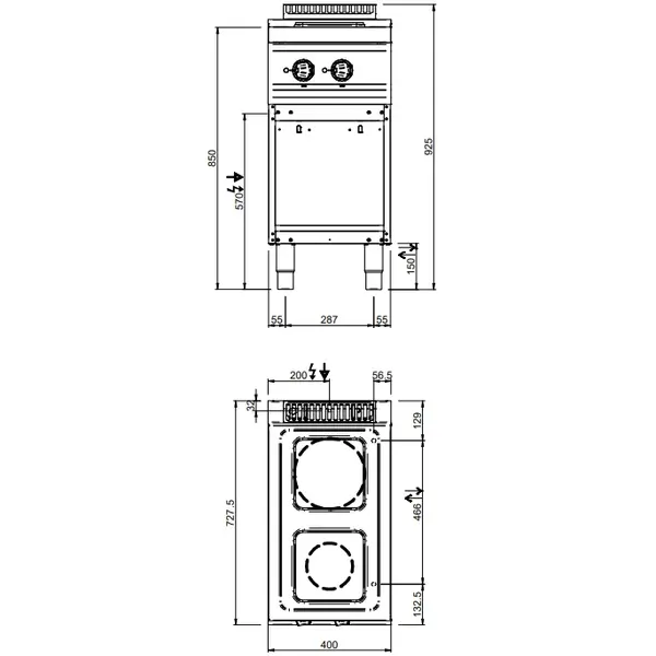 Fornuis | MAGISTRA PLUS 700 | Elektrisch | 2 Kookpunten (220x220) | 5.2kW (400V) | Open Onderkast | 400x714x850(h)mm