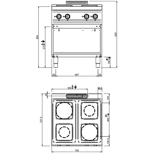 Fornuis | MAGISTRA PLUS 700 | Elektrisch | 4 Kookpunten (Ø145/200) | 8.2kW (400V) | Open Onderkast | 700x714x850(h)mm