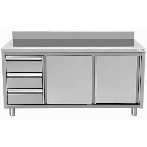 Werkbank | RVS | Schuifdeuren + Laden (Links) | Diepte 600 | Hoogte 850/900 | Breedte 1200-2000 | Achteropstand