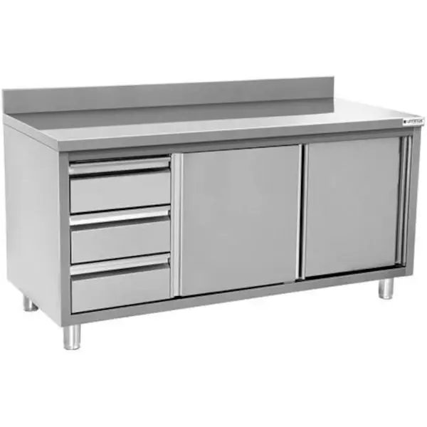 Werkbank | RVS | Schuifdeuren + Laden (Links) | Diepte 600 | Hoogte 850/900 | Breedte 1200-2000 | Achteropstand