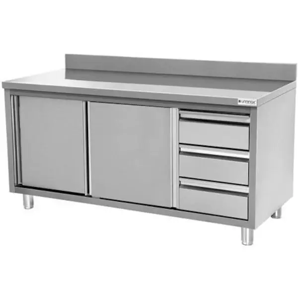 Werkbank | RVS | Schuifdeuren + Laden (Rechts) | Diepte 600 | Hoogte 850/900 | Breedte 1200-2000 | Achteropstand