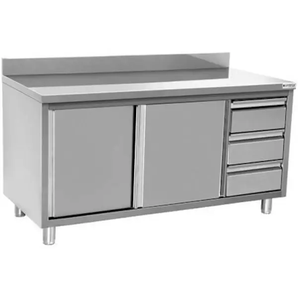 Werkbank | RVS | Schuifdeuren + Laden (Rechts) | Diepte 600 | Hoogte 850/900 | Breedte 1200-2000 | Achteropstand