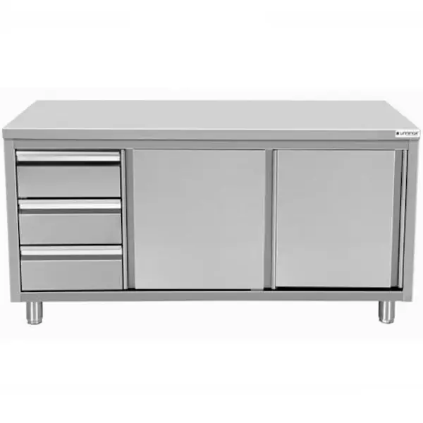 Werkbank | RVS | Schuifdeuren + Laden (Links) | Diepte 600 | Hoogte 850/900 | Breedte 1200-2000