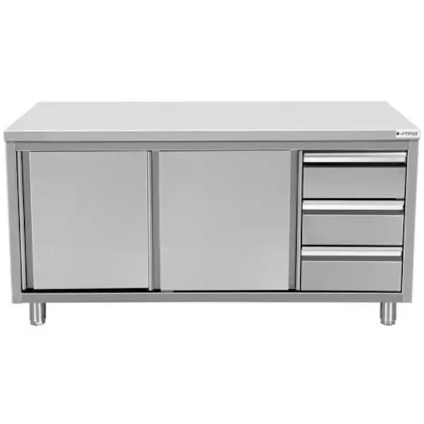 Werkbank | RVS | Schuifdeuren + Laden (Rechts) | Diepte 600 | Hoogte 850/900 | Breedte 1200-2000