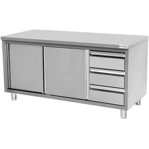 Werkbank | RVS | Schuifdeuren + Laden (Rechts) | Diepte 600 | Hoogte 850/900 | Breedte 1200-2000