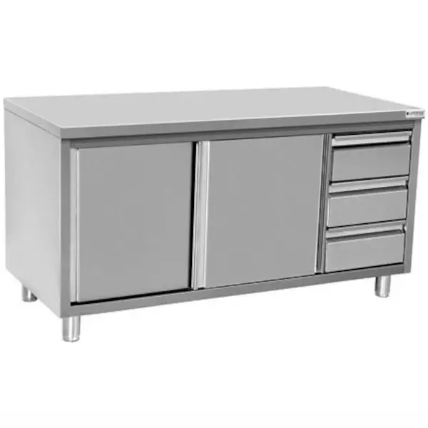 Werkbank | RVS | Schuifdeuren + Laden (Rechts) | Diepte 600 | Hoogte 850/900 | Breedte 1200-2000