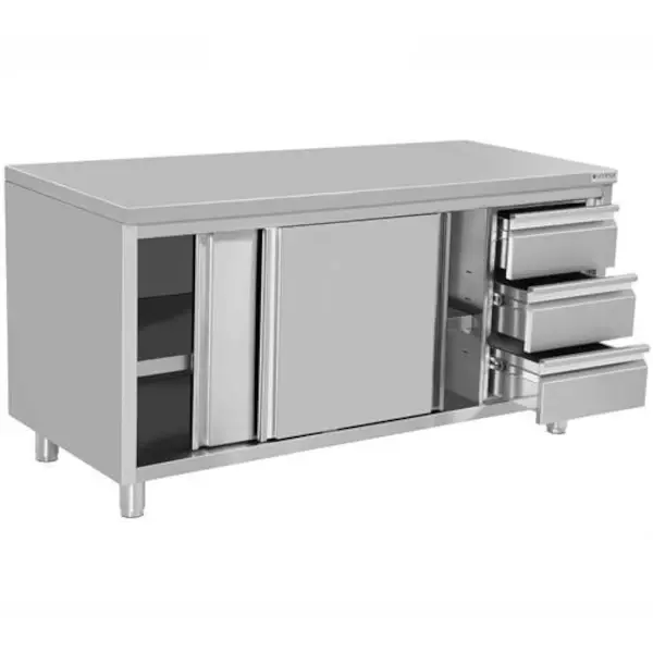 Werkbank | RVS | Schuifdeuren + Laden (Rechts) | Diepte 600 | Hoogte 850/900 | Breedte 1200-2000