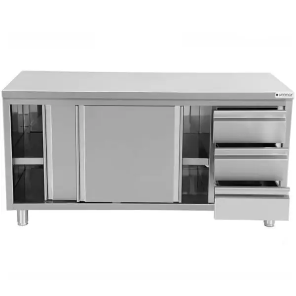 Werkbank | RVS | Schuifdeuren + Laden (Rechts) | Diepte 600 | Hoogte 850/900 | Breedte 1200-2000