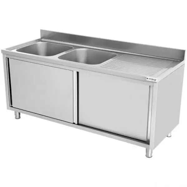 Spoeltafel | RVS | 2 Spoelbakken Midden + Achteropstand  + Schuifdeuren | 2000x700x850(h)mm