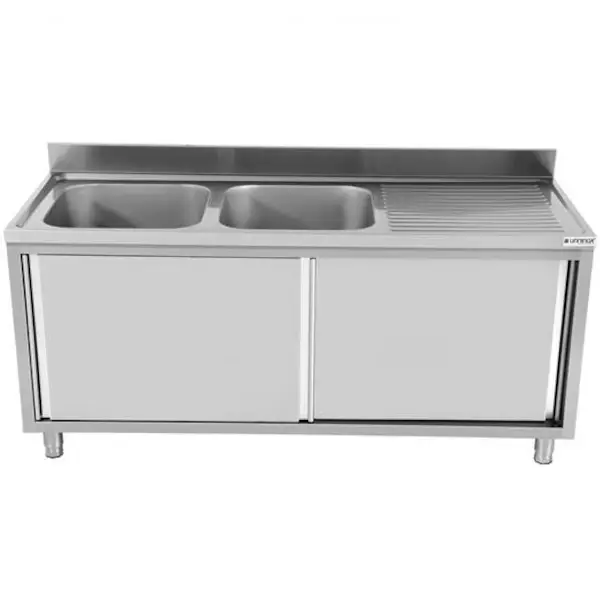 Spoeltafel | RVS | 2 Spoelbakken Midden + Achteropstand  + Schuifdeuren | 2000x700x850(h)mm