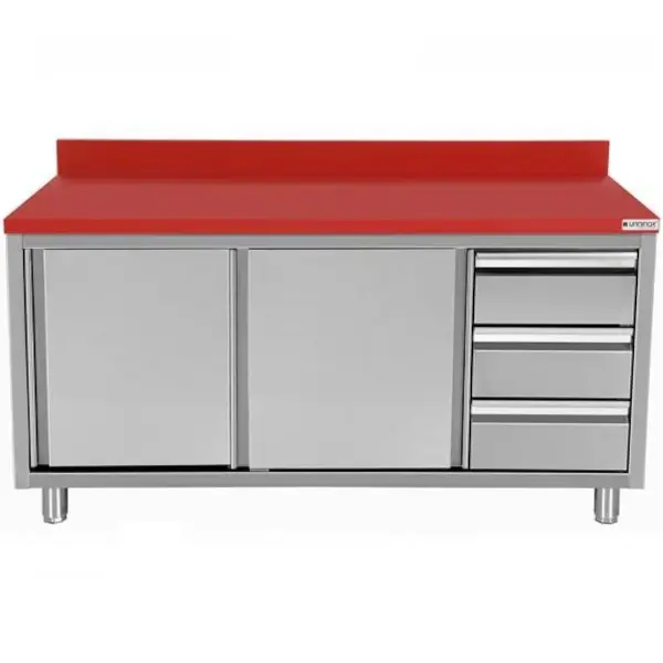 Snijwerktafel | RVS/Polyethyleen | Schuifdeuren + Laden (Rechts) | Diepte 700 | Hoogte 850/900 | Breedte 1200-2000 | Achteropstand