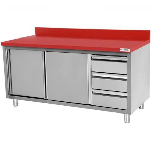 Snijwerktafel | RVS/Polyethyleen | Schuifdeuren + Laden (Rechts) | Diepte 700 | Hoogte 850/900 | Breedte 1200-2000 | Achteropstand