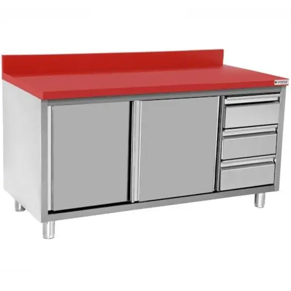 Snijwerktafel | RVS/Polyethyleen | Schuifdeuren + Laden (Rechts) | Diepte 700 | Hoogte 850/900 | Breedte 1200-2000 | Achteropstand