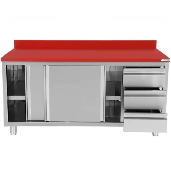 Snijwerktafel | RVS/Polyethyleen | Schuifdeuren + Laden (Rechts) | Diepte 700 | Hoogte 850/900 | Breedte 1200-2000 | Achteropstand