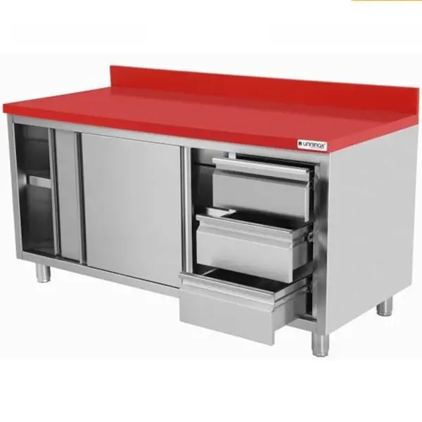 Snijwerktafel | RVS/Polyethyleen | Schuifdeuren + Laden (Rechts) | Diepte 700 | Hoogte 850/900 | Breedte 1200-2000 | Achteropstand